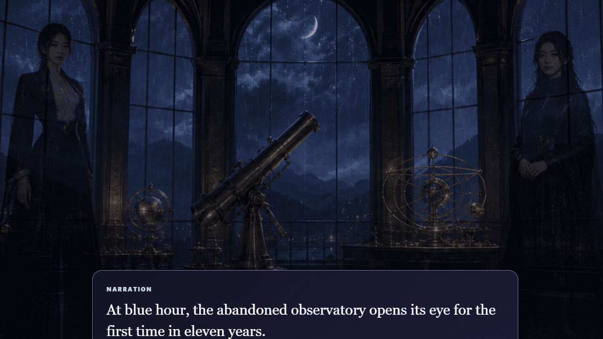Readerous Visual Novel scene in a moonlit observatory