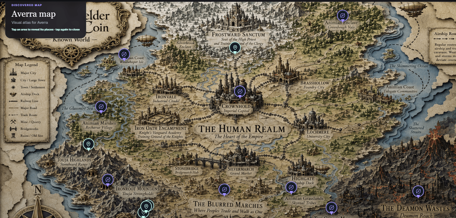 Interactive Averra story-world map on Readerous