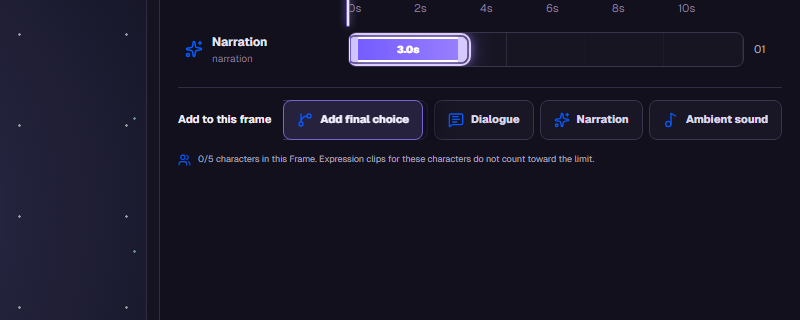 In Timeline, Narration adds a text cue.